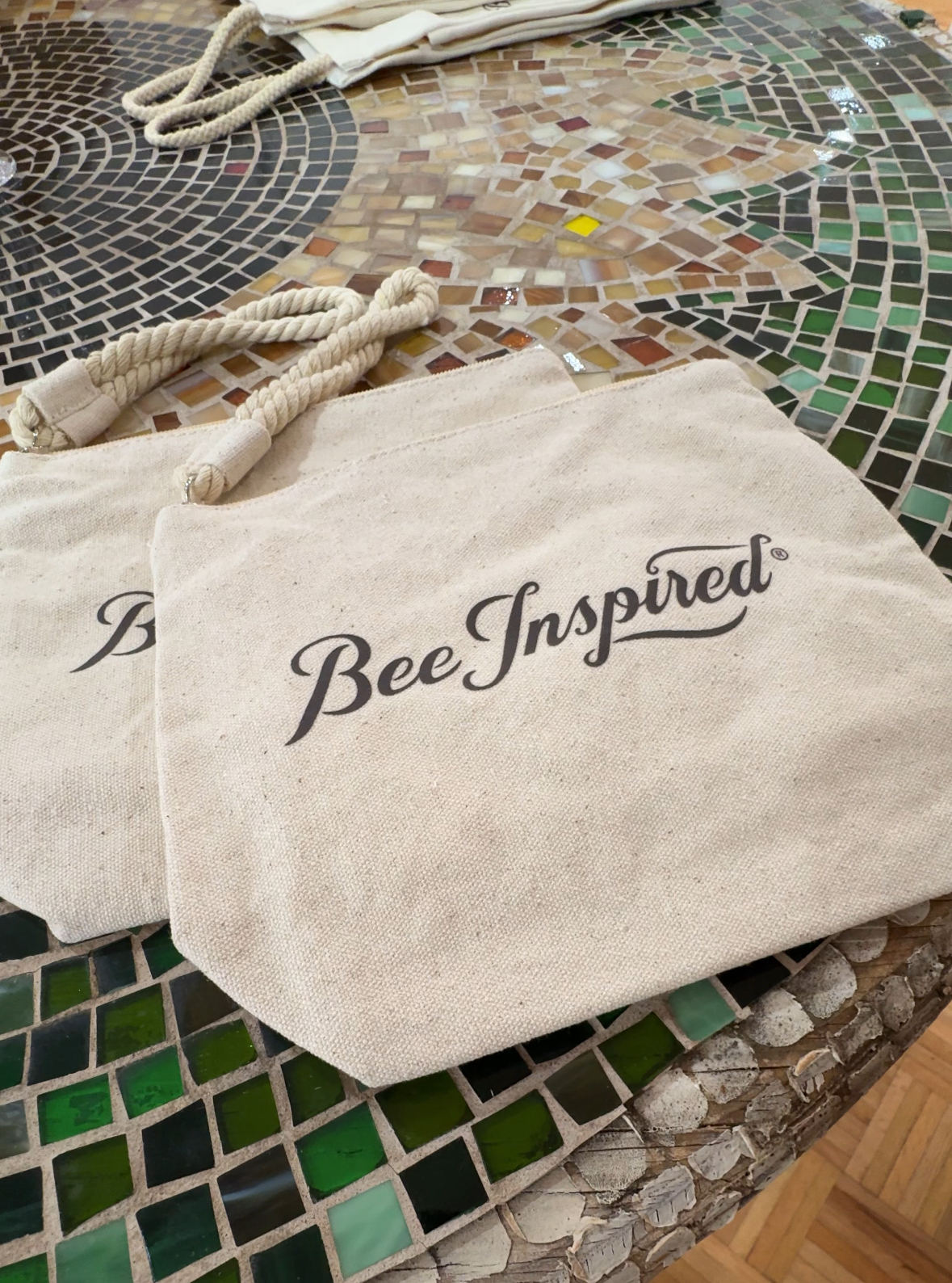 Bee Inspired logo printed on tote bags